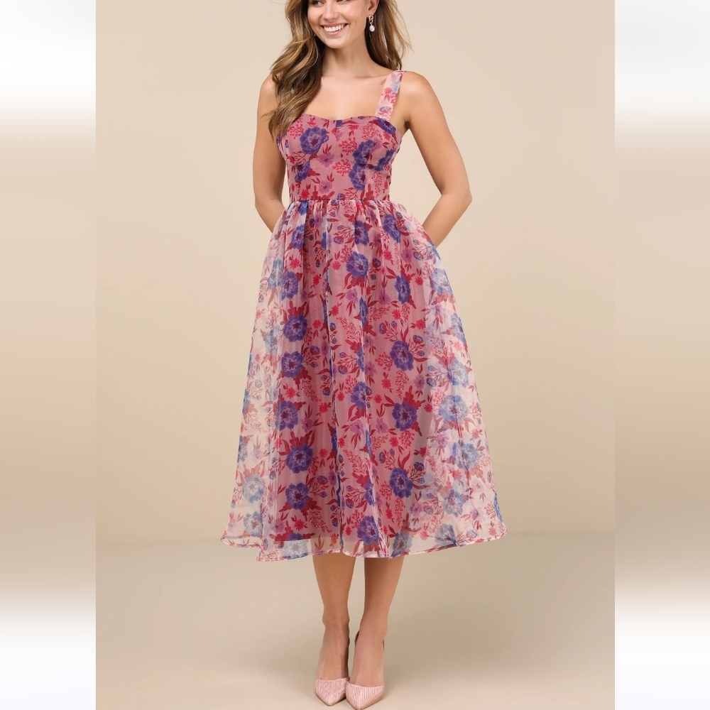 Lulus NWT Delightful Look Magenta Floral Print Bustier Midi Skater Dress